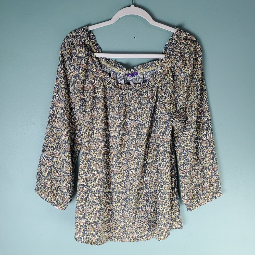 West Kei Womens Off The Shoulder Yellow Floral Bell Sleeve Blouse Top Size Large